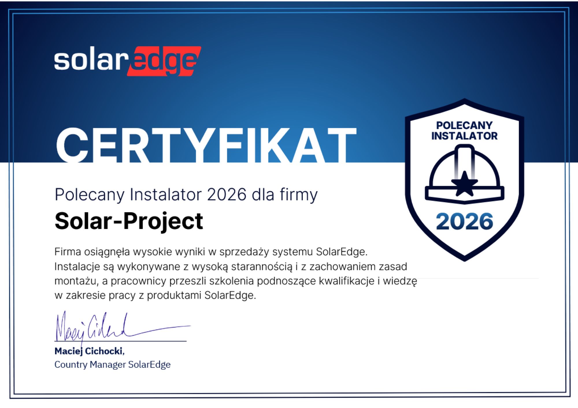 Kolejny rok z certyfikatem Polecanego Instalatora SolarEdge!